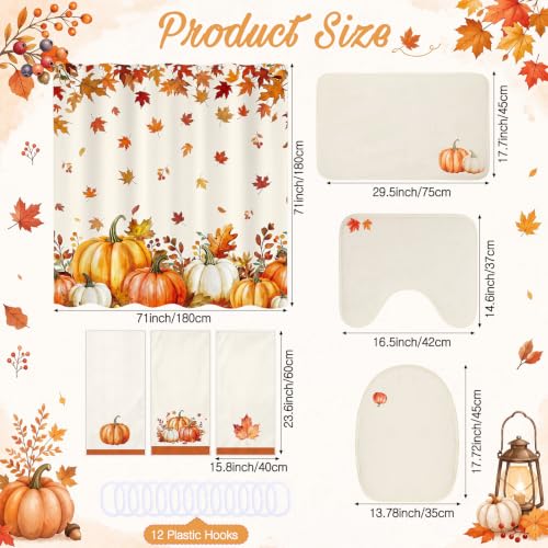 Haull 7 Pcs Fall Pumpkin Shower Curtain Set for Bathroom Autumn Leaves Non Slip Rug Toilet Lid Cover Bath Mat Towels with 12 Hooks Fall Waterproof Shower Curtain for Bathroom Autumn Thanksgiving Decor - style: Fall Pumpkin