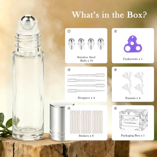 PrettyCare 24 Pack, 10 ml Essential Oil Roller Bottles with Stainless Steel Roller Ball - Refillable Leak-proof Empty Thick Clear Glass Roll on Bottles with Silver Caps for Travel, Perfume - color: Frosted with Silver Cap, size: 24 Pack