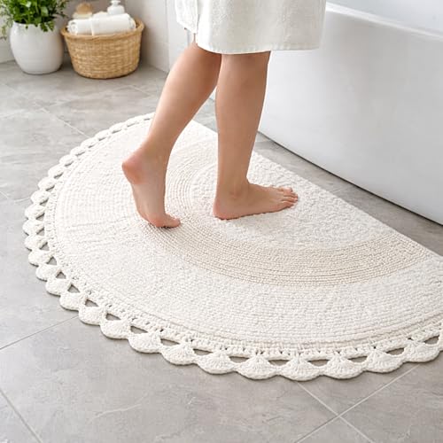 Savi Home Half Moon Circle Bohemian Bathroom Rug with Handwoven Chrochet Border, Beautifully Handcrafted 100% Cotton Mat - 22x42, Half Round Bedroom Rug, Boho Bathroom Décor,Machine Washable -White - color: White, size: 1'10" x 3'6" (Semicircular)