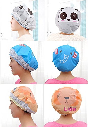 Cute Cartoon Waterproof Elastic Shower Cap Bath Cap,Pack of 3 Pcs(Panda+Elephant+Lion)