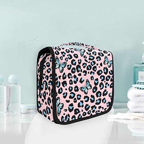 senya Hanging Travel Toiletry Bag Kit Makeup Case Cosmetics Organizer for Men Women - color: Blue Butterfly Leopard Print