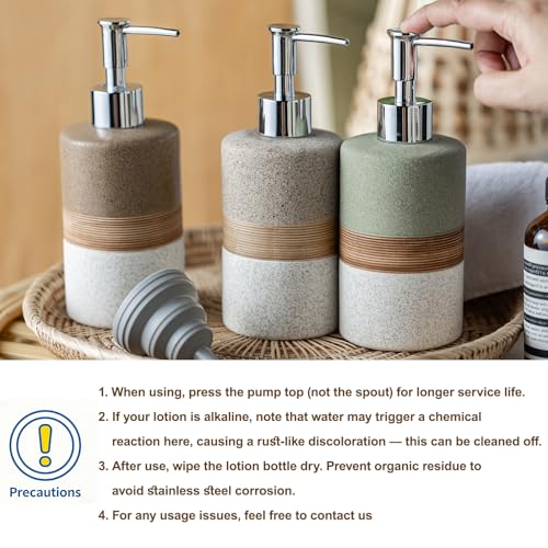 Ceramic Dish Soap Dispenser Set with Silicone Funnel, Hand Soap, Shampoo, Body Wash, Lotion Dispenser for Kitchen and Bathroom, Stainless Steel Pump, Non Slip, 12 Oz - color: Beige and White, size: 1xSoap Dispenser