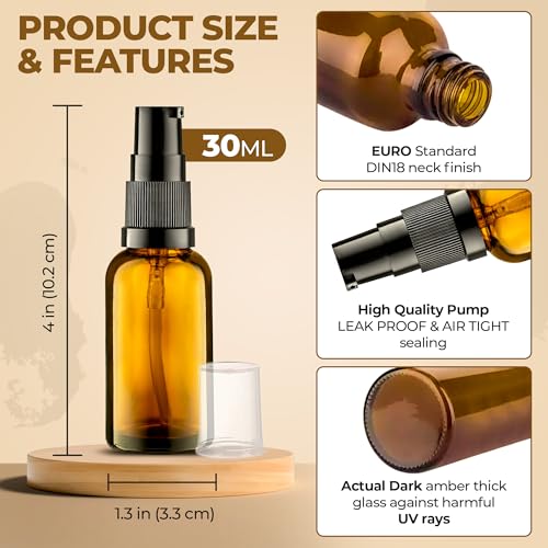 VitalUp 6 Pack, 3 30ml (1oz) & 3 15ml (0.5oz) Empty Refillable Glass Amber Pump Bottle Ideal for Lotion Cream Essential Oil Travel Small Container, Convenience Pack - size: 6 pack (30ml & 15ml)