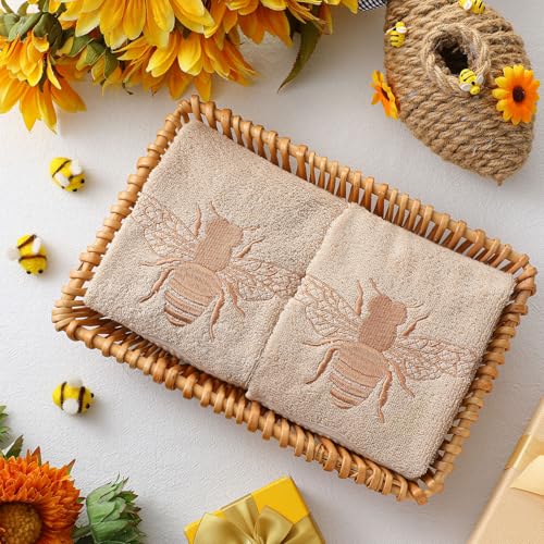 SmoothNovelty 2 Pcs Bee Hand Towels Brown Bathroom Decor 14x29 Inch Embroidered 100% Cotton Soft Absorbent Spring Summer Decorative Hand Towels for Bathroom Kitchen - style: Bee