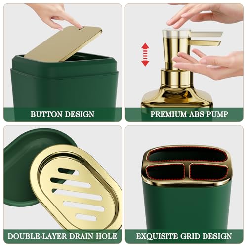 Bathroom Set - 11PC Bathroom Accessory Set, Bathroom Accessories Set, Green Bathroom Set, Push-lid Trash Can, 3PC Soap Dispensers, Toilet Brush & Q-tip Holders - color: Dark Green & Gold, size: Bath Set