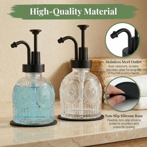 Vintage Glass Soap Dispenser 2 Pack for Bathroom Kitchen, with Black Pump and Non-Slip Mat, Refillable for Hand Soap, Dish Soap, Lotion, Shower Gel, Modern Farmhouse Decor (8 oz, White) - color: White
