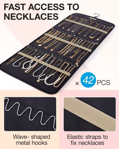 BAGSMART Hanging Jewelry Organizer Storage Roll with Hanger Metal Hooks Double-Sided Jewelry Holder for Earrings, Necklaces, Rings on Closet, Wall, Door, 1 piece, Large, Black - color: Black, size: L