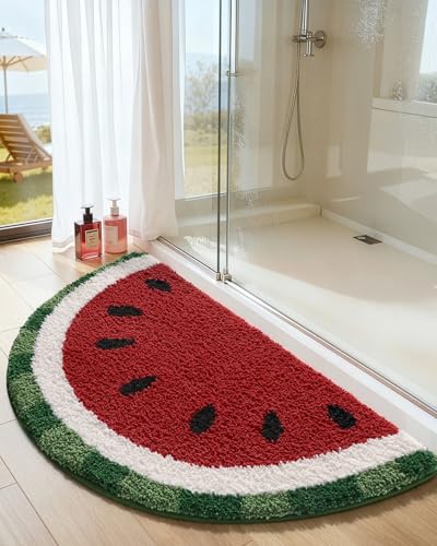 DEXI Bathroom Rugs Half Round 36x20, Cute Fruit Absorbent Bath Mat Non Slip Washable, Extra Soft Plush Microfiber Funny Bathmat for Shower Floor, Tub, Sink, Bedroom, Watermelon - color: Watermelon Slices