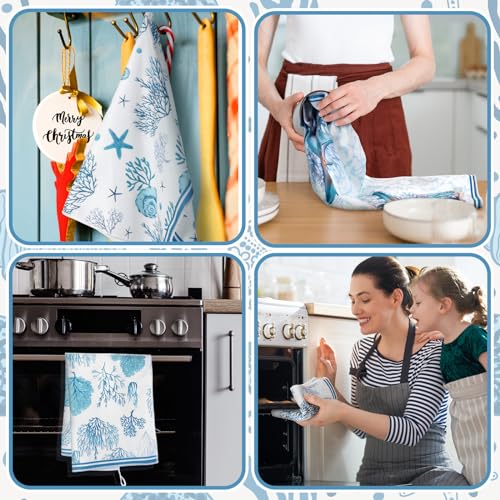 Boyiee Set of 6 Beach Kitchen Towels Coastal Ocean Dish Towels Sea Nautical Tea Towels Absorbent 24 x 16 Inches Shell Coral Starfish Hand Towels Summer Gifts for Farmhouse Kitchen Bathroom Decorations - color: Ocean