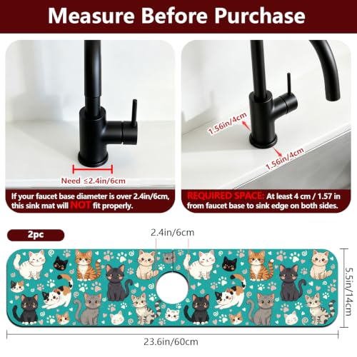 2 Pcs Kitchen Sink Splash Guard Faucet Mat Various Cats Pattern Faucet Mat for Sinks Paw Prints Absorbing Drying Mats for Kitchen Bathroom, 23.6x5.5inch - color: Various Cats