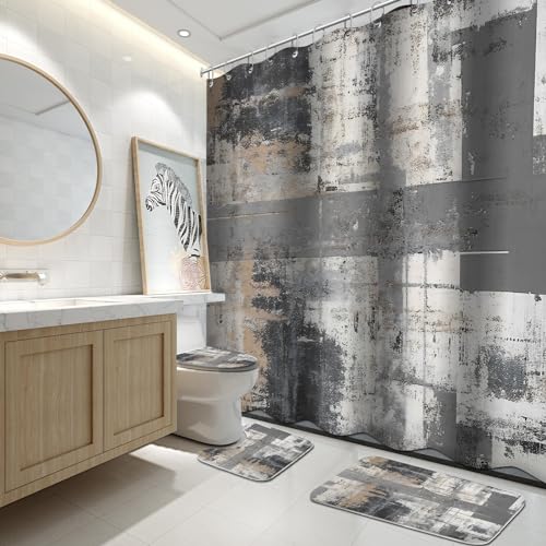 Lnond 4Pcs Bathroom Shower Curtain Sets with Rugs,Black and Grey Painting Art Bathroom Sets with Shower Curtain and Rugs and Accessories - color: Black Grey Brown Abstract