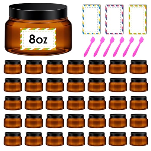 36 Pack 8 oz Amber Plastic Cosmetic Containers With Lids Refillable Clear Empty Travle Jars Containers for Body Butter,Sugar Scrubs,Cream,Lotions,Candy, Waterproof Label&Spatulas - (Black Lid) - color: Brown-Black Lid, size: 8 OZ