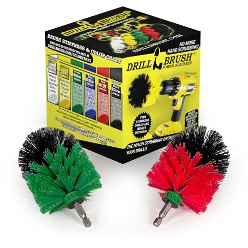 Cleaning Supplies - Drill Brush - Medium and Stiff Bristle MINI Spin Brush Kit - Kitchen Accessories - Clean and Scrub Counters, Stove, Oven, Sink, Flooring - Deck Brush - Algae, Mold, Mildew, Moss - color: Green / Red