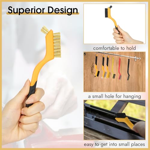 6 Pieces Wire Brushes Set, Small Metal Brass Brush, Stainless Steel Brush, Nylon Brushes for Cleaning Metal Rust and Paint Removal (Yellow+3 Mixed Color, L) - color: Yellow+3 Mixed Color