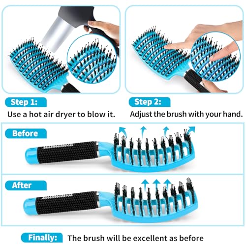 Boar Bristle Hair Brush Set of 2, HIPPIH Wet & Dry Hair Brushes Made by Fine Natural Boar Hair Can Adds Shine and Smoothing, Detangling Hairbrush for Women, Men & Kids' Long Curly Thick Hair - color: Mint Blue & Pink