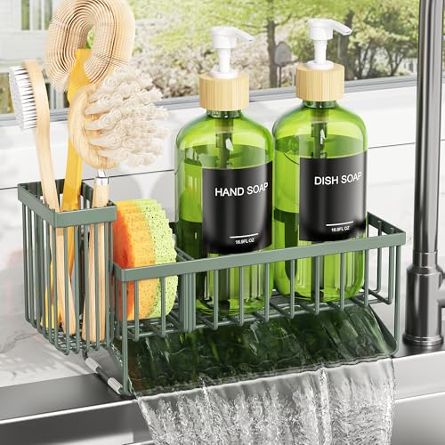 Cisily Sage Green Kitchen Dish Soap Dispenser, 16 fl Oz Dual Kitchen Soap Dispensers with Sponge Holder, Customized Stainless Steel Kitchen Soap Dispenser Set, Modern Hand and Dish Soap Bottle Set - color: Sage Green Sponge Holder + Green Bottle