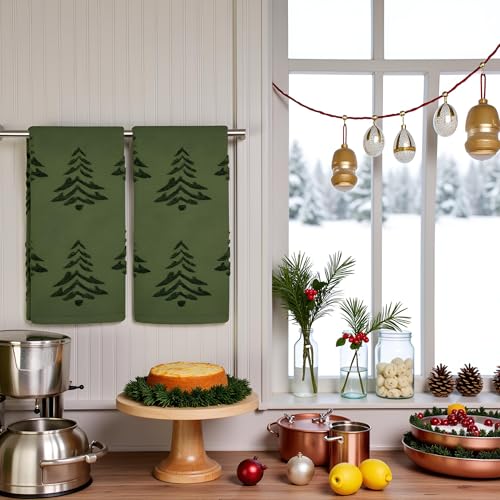 2 Pack Christmas tree Hand Towels 100% Cotton Jacquard holiday Kitchen dish Towels Retro Neutral Olive Green Bathroom Towels Set gift Seasonal Xmas Winter Bathroom Decor (Olive Green Christmas tree) - color: Olive Green Christmas Tree