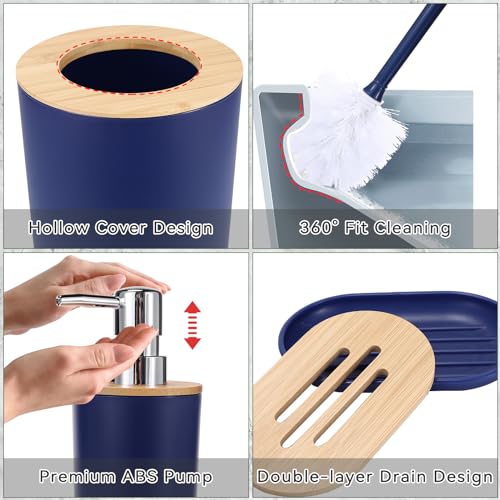 SLDIYWOW Blue Bathroom Accessories, 9-Piece Navy Blue Bathroom Accessories with Trash Can,Tray,Soap Dispenser,Toothbrush Holder,Toothbrush Cup,Soap Dish,Toilet Brush and Q-tip Holders for Bathroom - color: Navy Blue