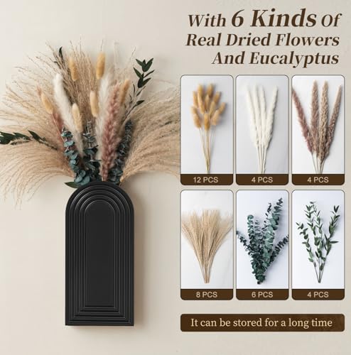 2 Pack Wooden Wall Vase Set with Pampas Grass Eucalyptus, Modern Farmhouse Boho Wall Decor for Living Room, Entryway, Hallway, Bathroom, Dining Room, Black Wall Art for Home Decoration - color: Black With Dry Flowers