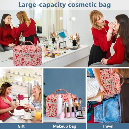 Gosect Large Makeup Bag, Cute Cosmetic Bag for Women Girls, Floral Coquette Aesthetic Toiletry Bag, Travel Make Up Organizer Bag (Pink Rose) - color: 014Pink Rose