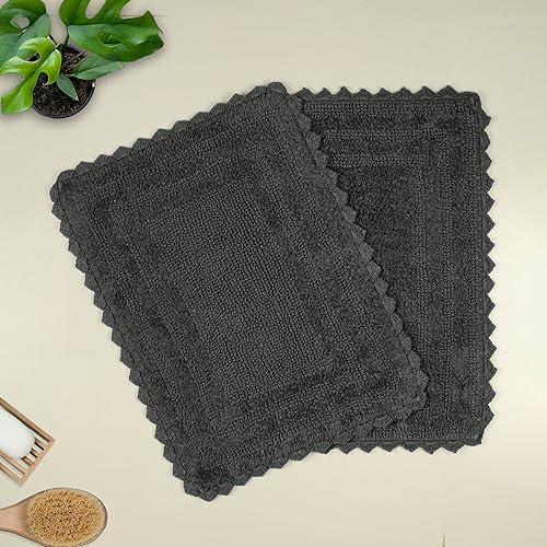 TreeWool 2-Pack Gorjeeus Collection Soft Reversible Bathroom Rug Cotton Bath Mat Set with Crochet Border - Rectangle (19" x 26"; Charcoal Grey) - color: Charcoal