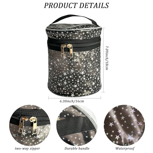 Waterproof Black Star PVC Makeup Bag - 7.1x6.3in Barrel Cosmetic Organizer with Zipper, Portable Toiletry Pouch for Women & Men (Black) - color: Black