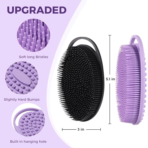 2 Pack Silicone Body Scrubber, Exfoliating Shower Scrubber for All Skin | 2 in 1 dual-sided design, soft bristles and massage bumps side, fast-drying, non-slip handle, for women and men, Black+Purple - color: Black&purple