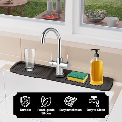 24 Inch Silicone Faucet Mat for Kitchen Sink Longer Splash Guard Behind Faucet Fast Draining 5° Slope Sink Protector Water Catcher Draining Mat Black - color: Black, style: 24 Inch