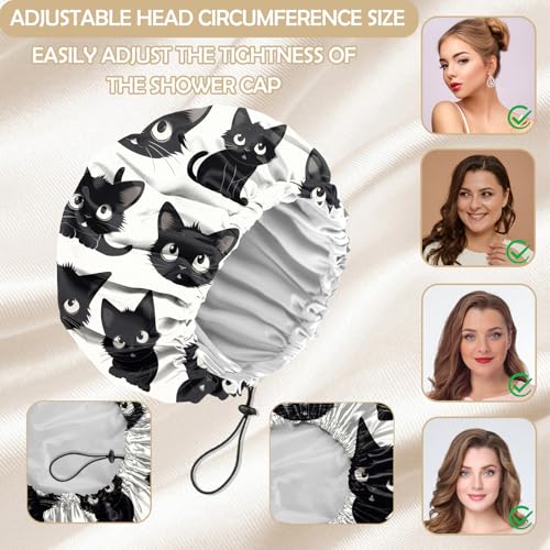 2 PCS Shower Cap Adjustable Reusable Double Waterproof Layer Elastic Hair Bath Cap Cute Aesthetic for Women Girls-Cats - color: I24-Cats