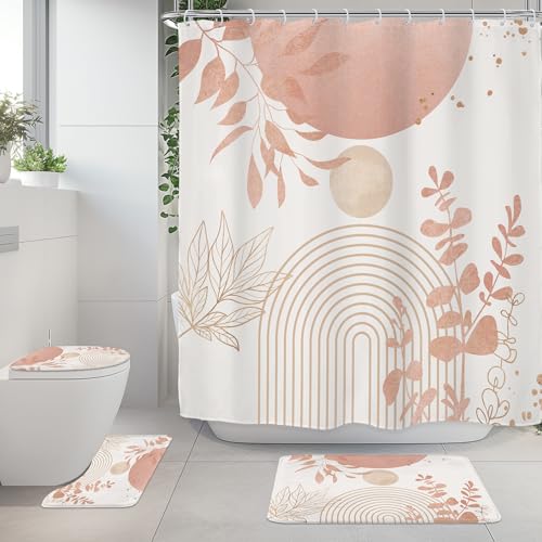 Riyidecor Boho Pink Gold 4Pcs Bathroom Shower Curtain Sets Mid Century Modern Minimalist Leaves Bathroom Decor Set with Rugs and Accessories Abstract Toilet Lid Rug, Contour and Bath Mat with 12 Hooks - color: 02pink Gold