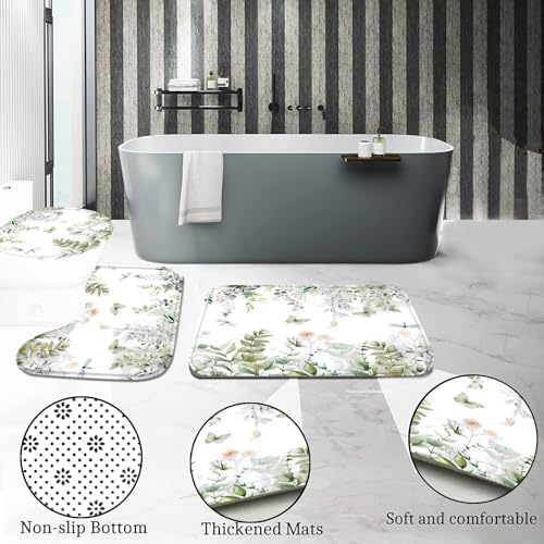 DDQQ 4Pcs Spring Shower Curtain Set Dragonfly Butterflies Bathroom Sets with Rugs, Green Leaf Flower Bathroom Shower Curtain Set with Carpet Bath Mat Toilet Rugs - color: Light Green