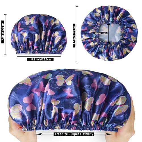 Shower Cap for Women,4 PCS Elastic and Reusable Bath Caps, Double Layers Shower Caps Reusable Waterproof, Bathing Shower Caps, Environmental Bath Hair Protection Cap - Butterfly E - color: Butterfly E