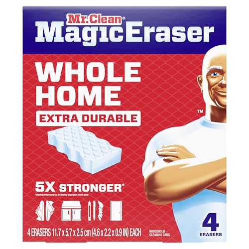 Mr. Clean Magic Eraser Sponge, All Purpose Cleaner, Cleaning Scrubber, Wall, Sneaker, Kitchen, Bathroom, Shower Cleaner, Cleaning Supplies, Melamine Sponge, Cleaning Pads, Extra Durable, 4ct - size: 4 Count (Pack of 1), style: Upgraded Version
