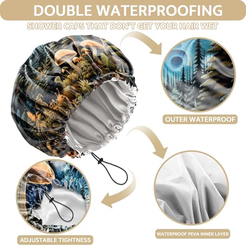 Shower Cap Adjustable Waterproof Double Layer Elastic Reusable Hair Bath Cap Cute Aesthetic for Women Girls-Blue Mushroom - color: R15-Blue Mushroom