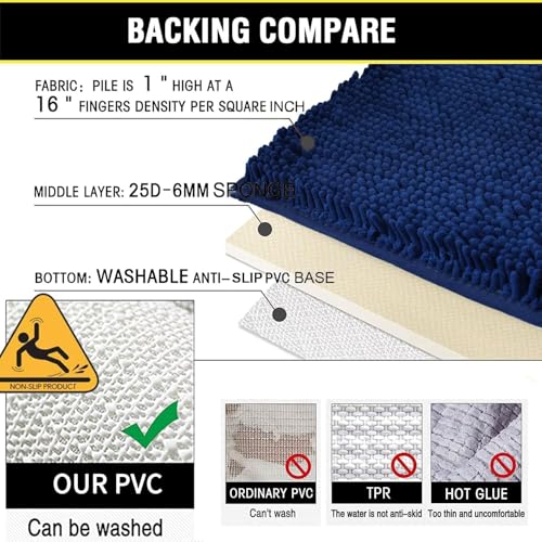 Bathroom Rugs Chenille 3-Piece Extra Soft and Absorbent Shag Bathroom Rugs, Machine Wash Mat, Strong PVC Non-Slip Underside, Plush Carpet Mats (Navy Blue) - color: Navy Blue, size: 2'8" x 1'8" (16x24"+20x32"+20x20"U shape）