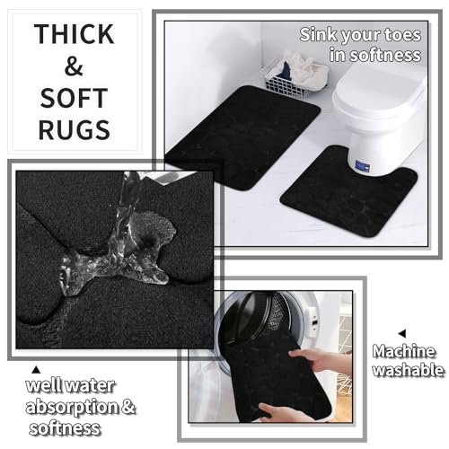 XLHOMO Bathroom Set with Shower Curtain and Rugs- 25PC Bathroom Accessory Set, Black Bathroom Set, Toilet Brush, Trash Can, Qtip Holder & Soap Dispenser - size: Bath Set+Shower Curtain+Rugs, style: Black&Silver