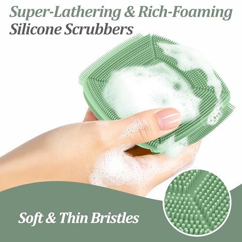Silicone Back/Body/Face Scrubber & Lymphatic Contour Face Brush Set 4PCS, 13.4'' Soft Back Scrubber, 360° Anti-Slip Bath Glove, Unique Side-bristled Face Scrubber for All-Round Cleaning(Green) - color: Green*4