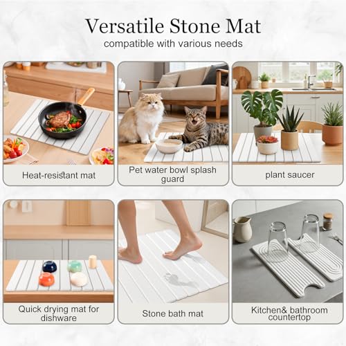 3PCS Set Large Stone Drying Mat for Kitchen Counter Foldable Collapsible Fast Drying Stone Dish Mat Water Absorbing Natural Diatomaceous Earth Bath Mat Quick Dry Stone Tray Bathroom Countertop, White - color: White