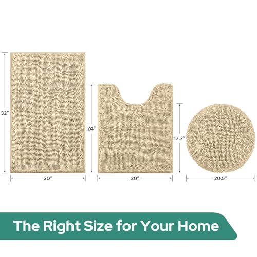 HOMEIDEAS 3 Pieces Beige Bathroom Rugs Set, Ultra Soft Non Slip Bath Rug and Absorbent Chenille Bath Mat, Includes U-Shaped Contour Rug, Bath Mat and Toilet Lid Cover, Perfect for Bathroom, Tub - color: Beige, size: 20"x32"+U 20"x24"+Cover 18"x21"