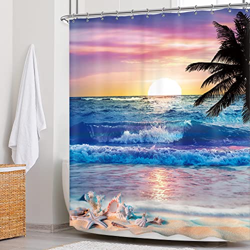 Newsely Ocean Sunrise Shower Curtain 60Wx72H Inch Beach Tropical Palm Tree Hawaiian Sunset Coastal Scenery Sea Wave Shower Curtain Bathroom Set Summer Waterproof Bath Decoration Accessories Home Decor - color: A-01beach Purple, size: 60"W x 72"L (Pack of