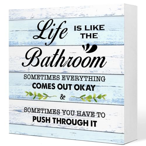 BlueL Life is Like The Bathroom Wooden Box Sign Desk Decor,Funny Bathroom Wood Block Sign for Farmhouse Toilet Shelf Decor - color: Blue Rustic Wood