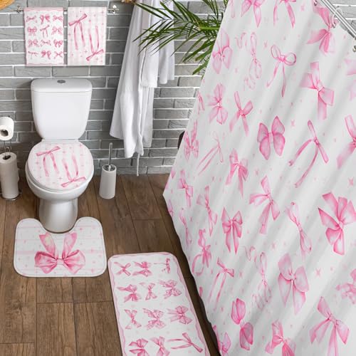 FuWeave 8 Pcs Pink Bow Shower Curtain Sets for Bathroom Decor Cute Coquette Bathroom Accessories Bow Knot Aesthetic Girly Shower Curtain Sets with Towels Carpet Bath Mat Toilet Rugs and 12 Hooks - color: Pink Bow
