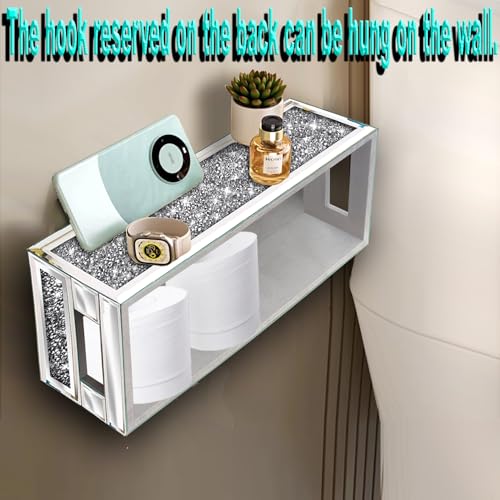 Wocred Bathroom Basket Toilet Tank,Crushed Diamond Mirrored Bathroom Tray Wall-Mounted,Silver Storage Organizer fits Dresser Bedroom,Bathroom,Coffee Table.(15”x7”x3.8”) - color: Silver - 7 Inch