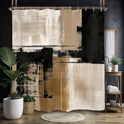 Miyotaa Abstract Minimalist Modern Shower Curtain Set 60Wx71H Inches Black Tan Neutral Contemporary Brushstroke Art Waterproof Bathroom Curtain with 12 Hooks - color: Black Tan, size: 60"W x 71"L (Pack of 1)