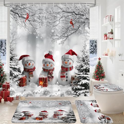 4 Pcs Christmas Shower Curtain for Bathroom Set, Cute Winter Snowman Snowflake Shower Curtain Non Slip Rug Toilet Lid Cover and Bath Waterproof Mat, Xmas Holiday Bathroom Home Decor - color: Grey Red