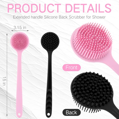 Sunnyray 2 Pack Silicone Back Scrubber for Shower with 15" Long Handle Double-Sided Bath Body Brush for Exfoliating Easy to Clean Quick Dry Deep Cleaning Lathers Well(Pink,Black) - color: Pink,black