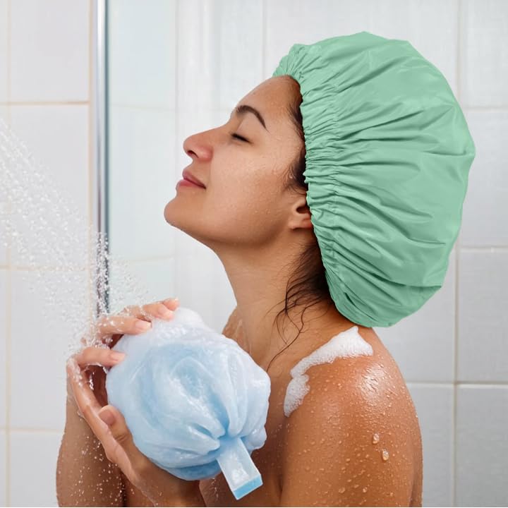 Edoneery Reusable Shower Caps for Women, Waterproof Long Hair Bonnet | Washable Design, Wide Elastic Band, Large Fit, Holds Long Hair, Braids Friendly, Bath Accessories, Spa, Travel - color: Green Bean