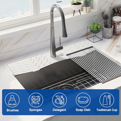 Faucet Mat for Kitchen Sink – 24” x 5.1” Extra-Long Silicone Splash Guard with 10° Slope & Upgraded Drainage – Gen 3 Sink Water Catcher & Sponge Holder for Kitchen, Bathroom (White) - color: White, size: 24 in