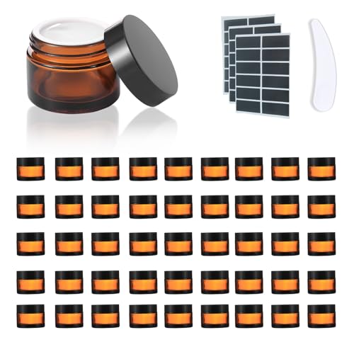45Pack 2oz Small Amber Glass Jars with Lids, Lotion Container, Cosmetic Containers, Little Travel Jars for Creams with Mini Spoon, Black Label