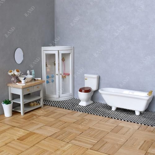 iLAND Dollhouse Furniture and Accessories 1/12 Scale of Dollhouse Bathroom Set incl Ceramic Dollhouse Toilet & Bathtub & Wooden Bathroom Cabinet with Sink (Modern 7pcs)